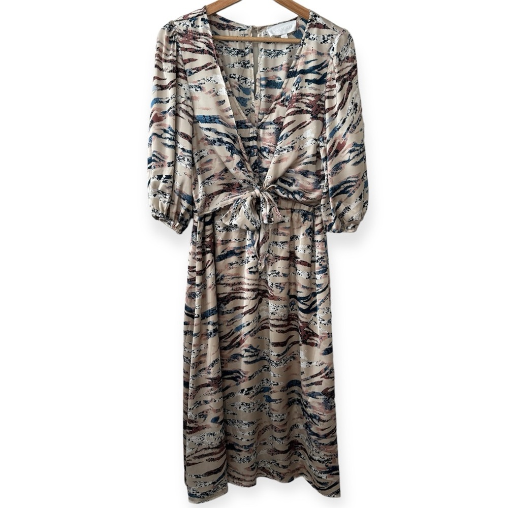 Superfoxx Tie Front Animal Print V-Neck Satin Midi Dress Medium